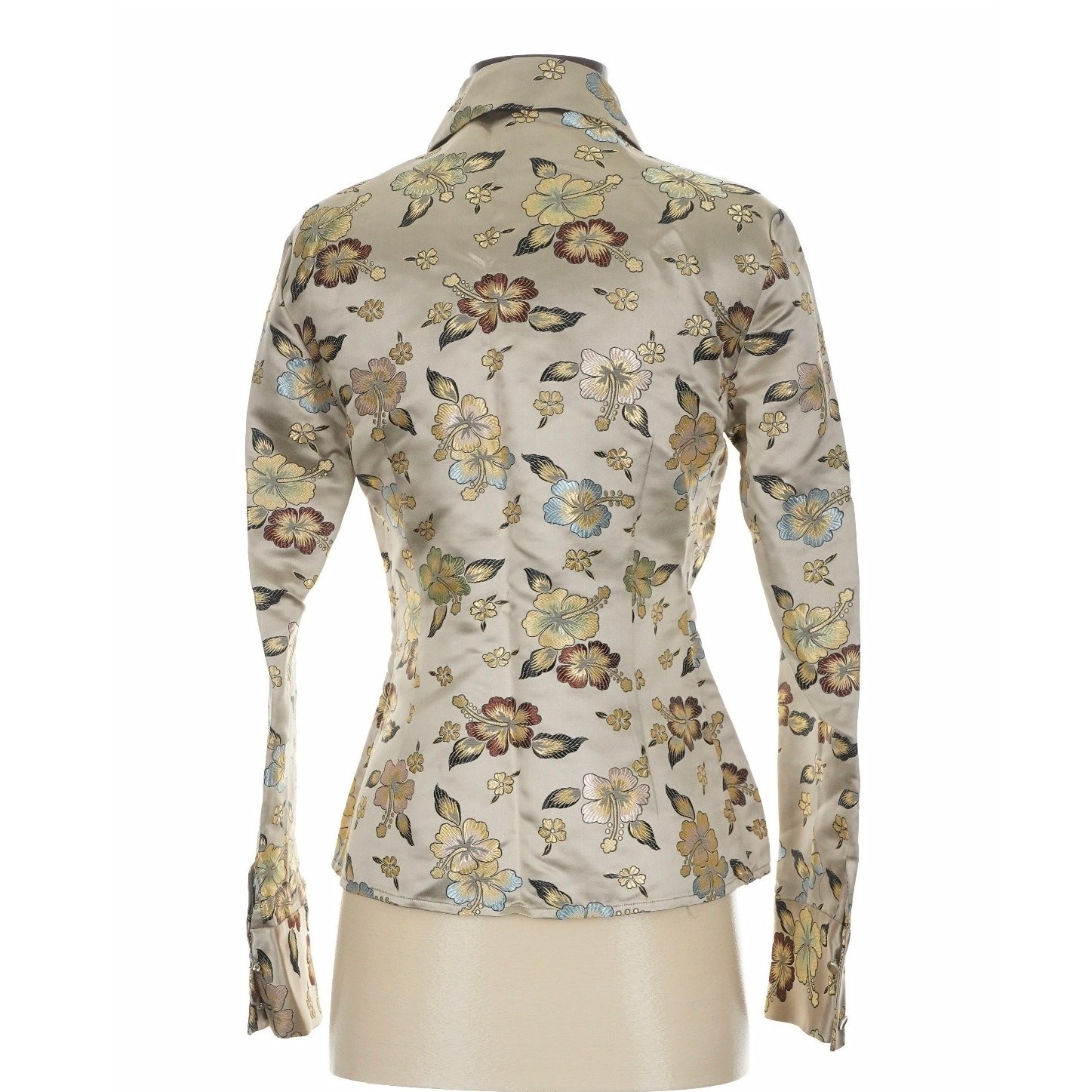 Mag by Magaschoni Tailored Satin Jacquard Brocade Hibiscus Shirt 4 S
