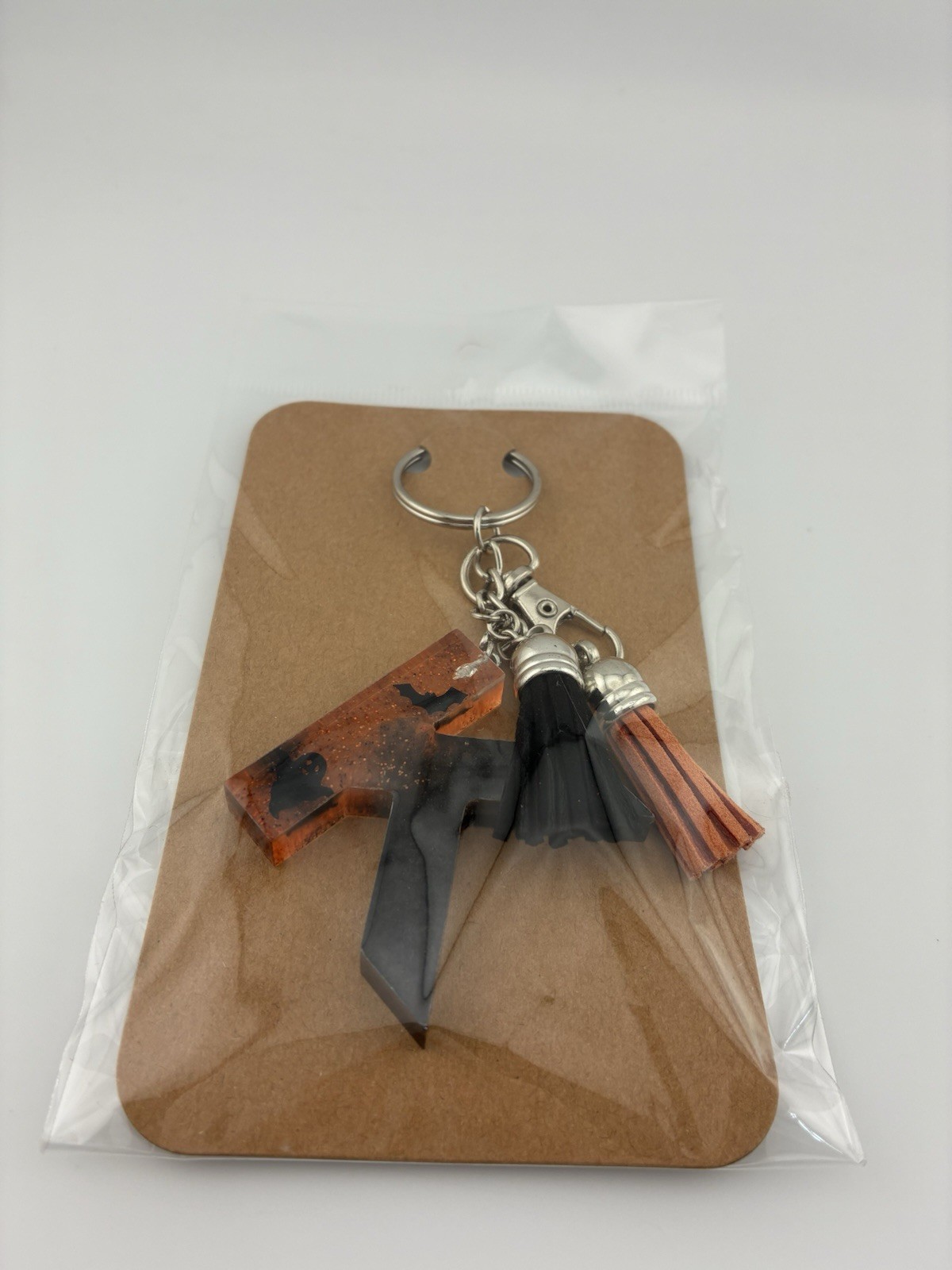 Handmade Halloween Letter K Resin Keychain Black Orange Bat Ghost Tassels New