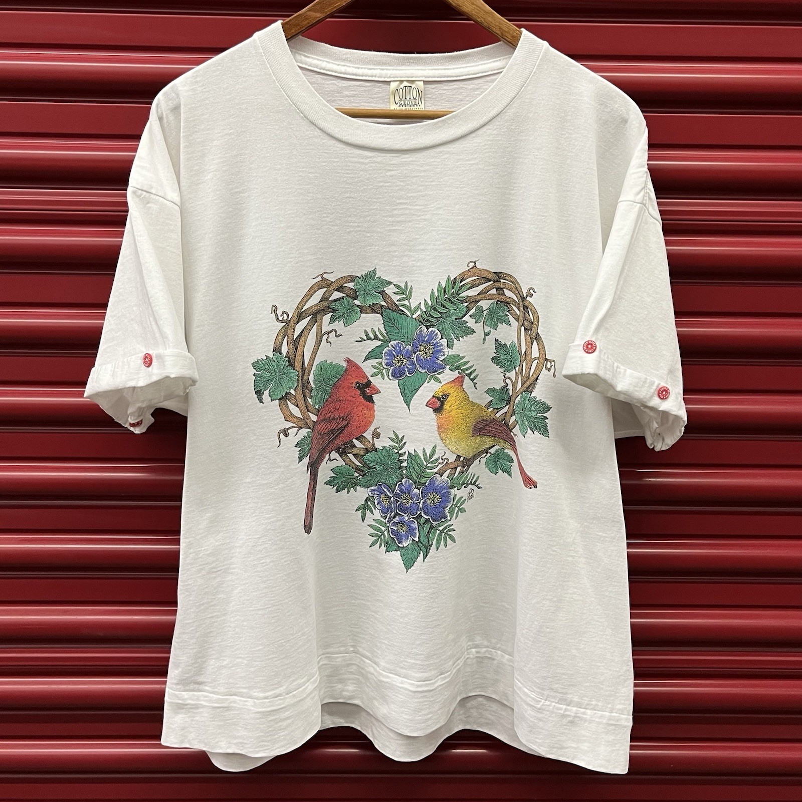 Vintage Cardinal Flower Bird Animal Nature Graphic Tee Shirt White Size XXL 2XL