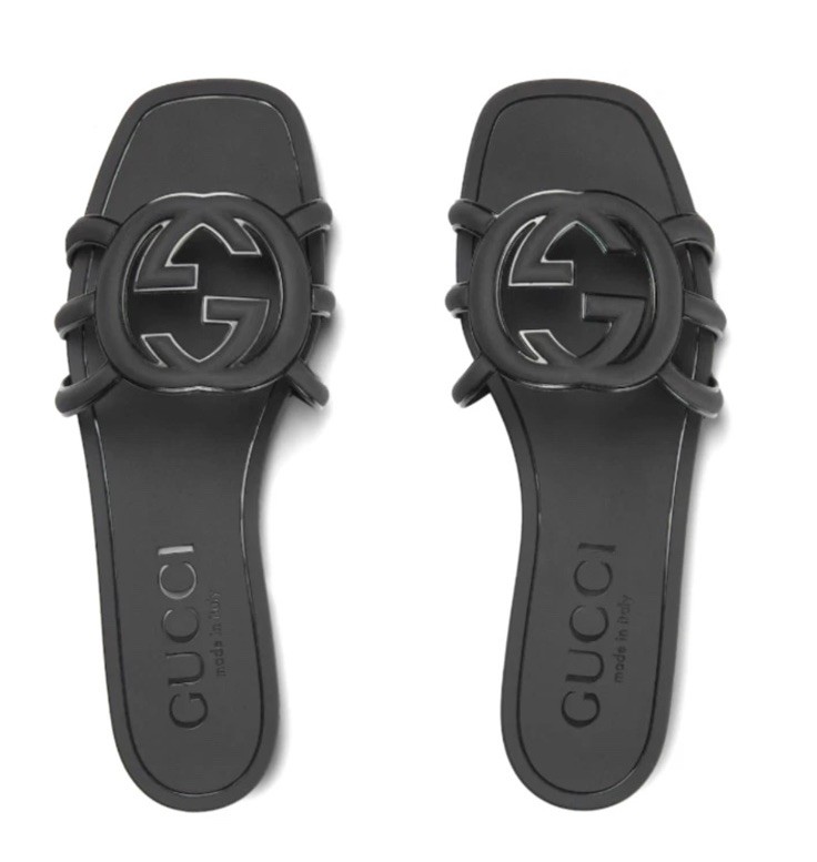 Gucci Interlocking G Jelly Rubber Slide Sandals Black Logo 40/9