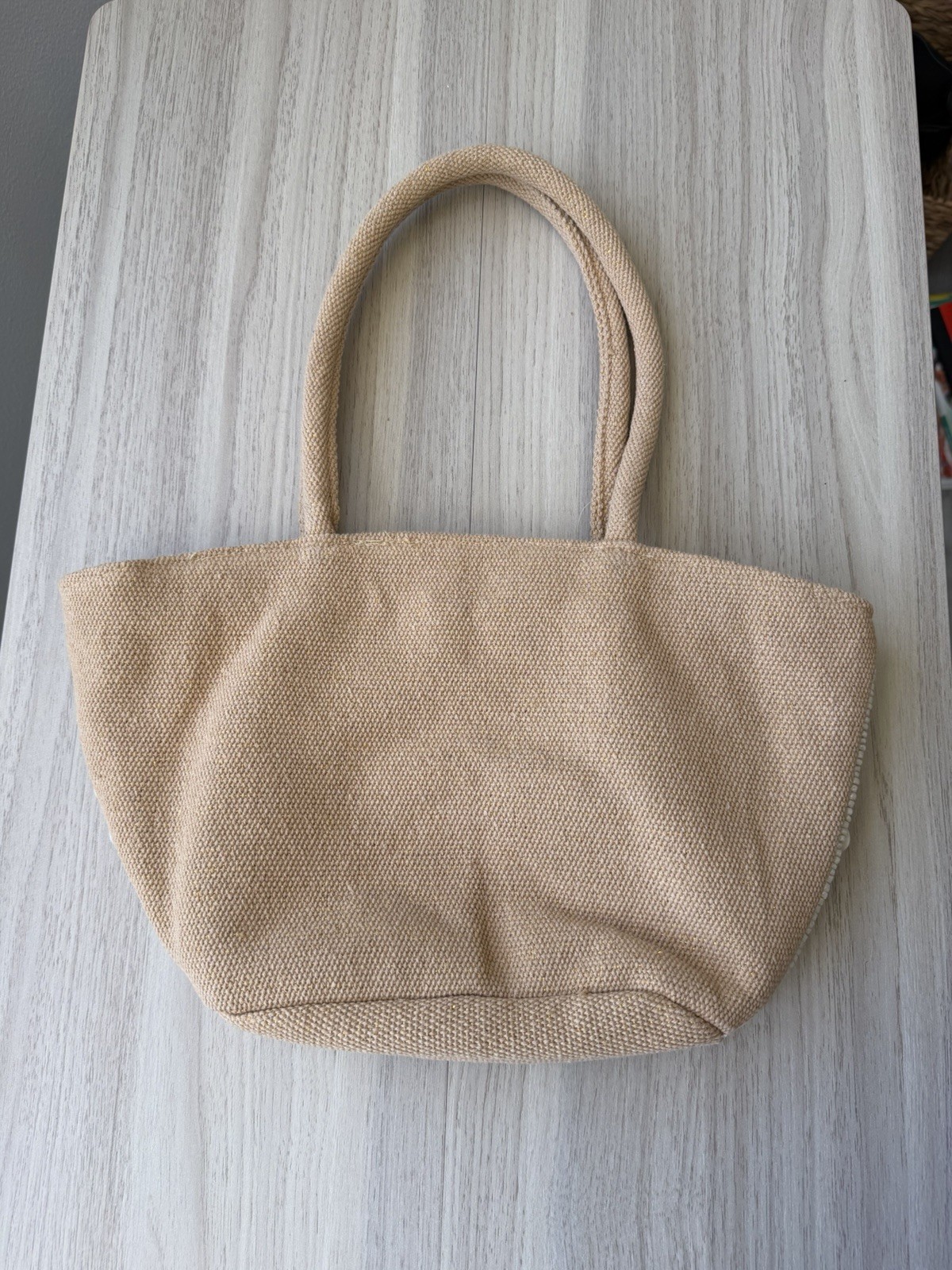 Women’s Tan Woven Tote Bag w/ Shell Disc & Beaded Accents, Double Handles