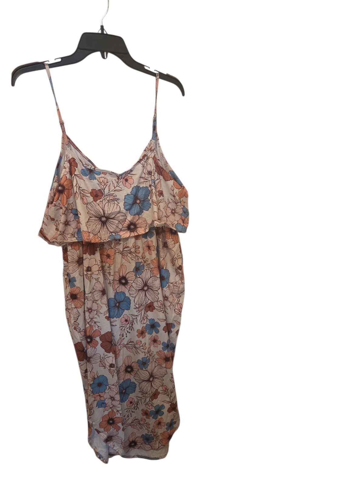 Women’s Beige/Blue/Orange Floral Sundress, XL, V-Neck, Sleeveless Midi Strappy