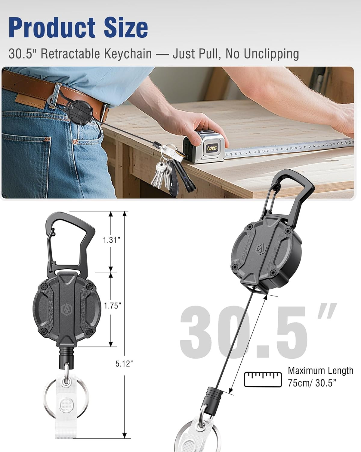 2Pack Heavy Duty Retractable Keychain, Unbreakable Embedded Body with 30.5″ Dyne