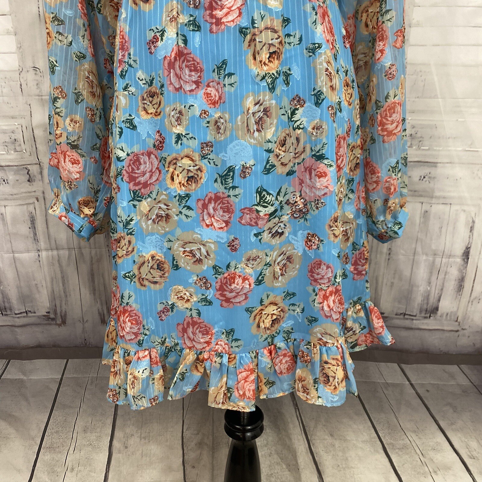 Adelyn Rae Medium Blue Floral Vero Poet Sleeve Ruffle Hem A-Line Square Neck B29