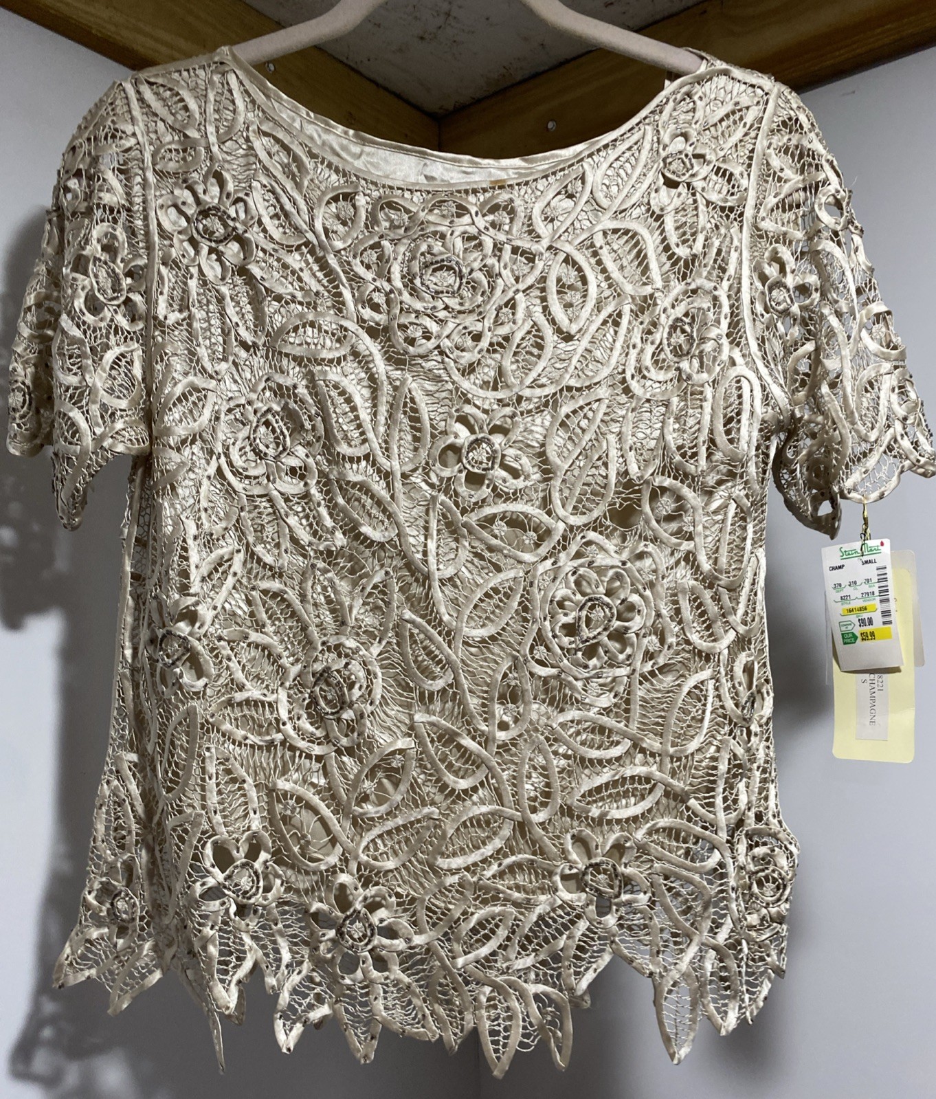 Silken Pottery VTG Crochet Floral Lace Blouse S Beaded Boho Whimsigoth Coquette