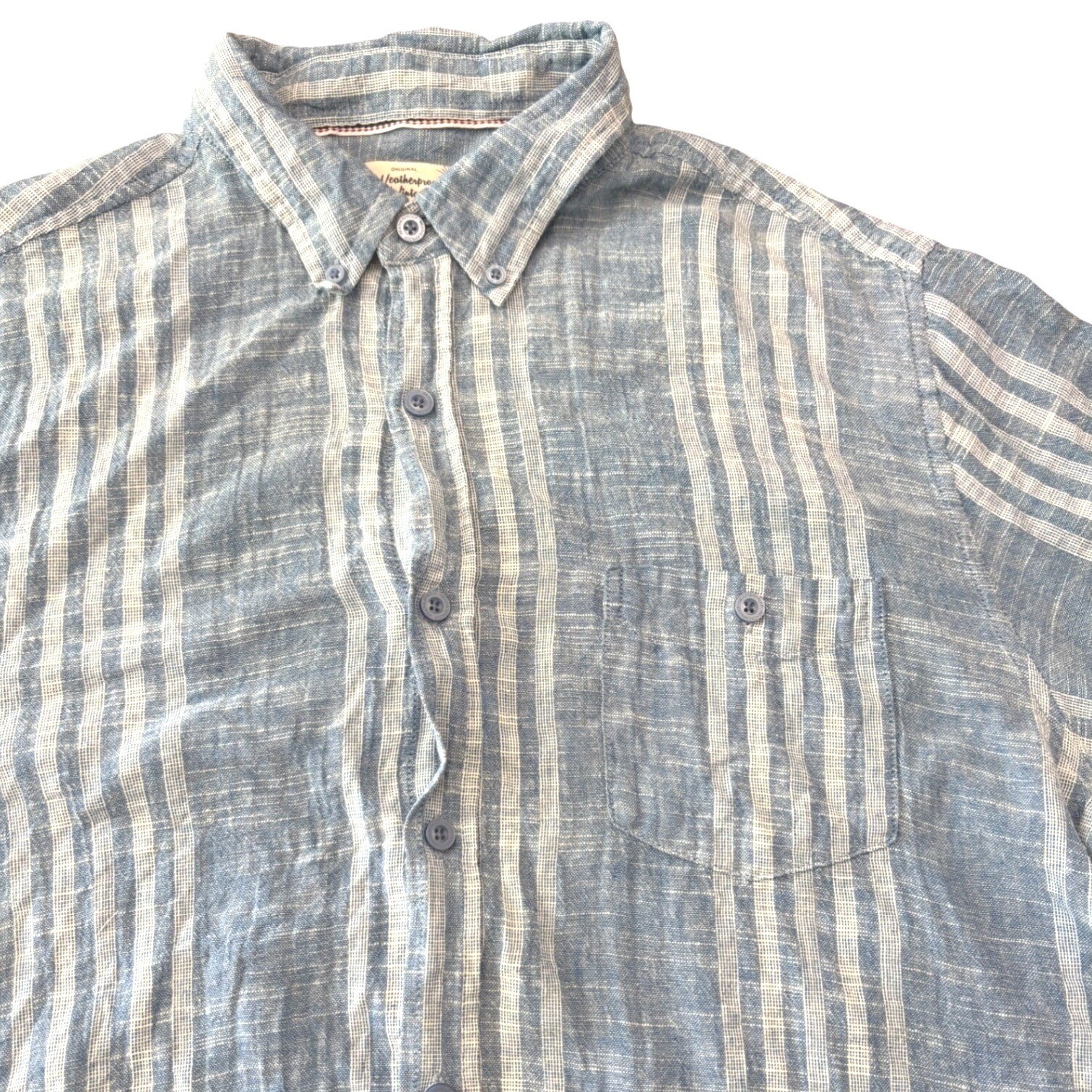 Weatherproof Vintage Mens Blue White Striped Linen Cotton Blend Shirt Size XL