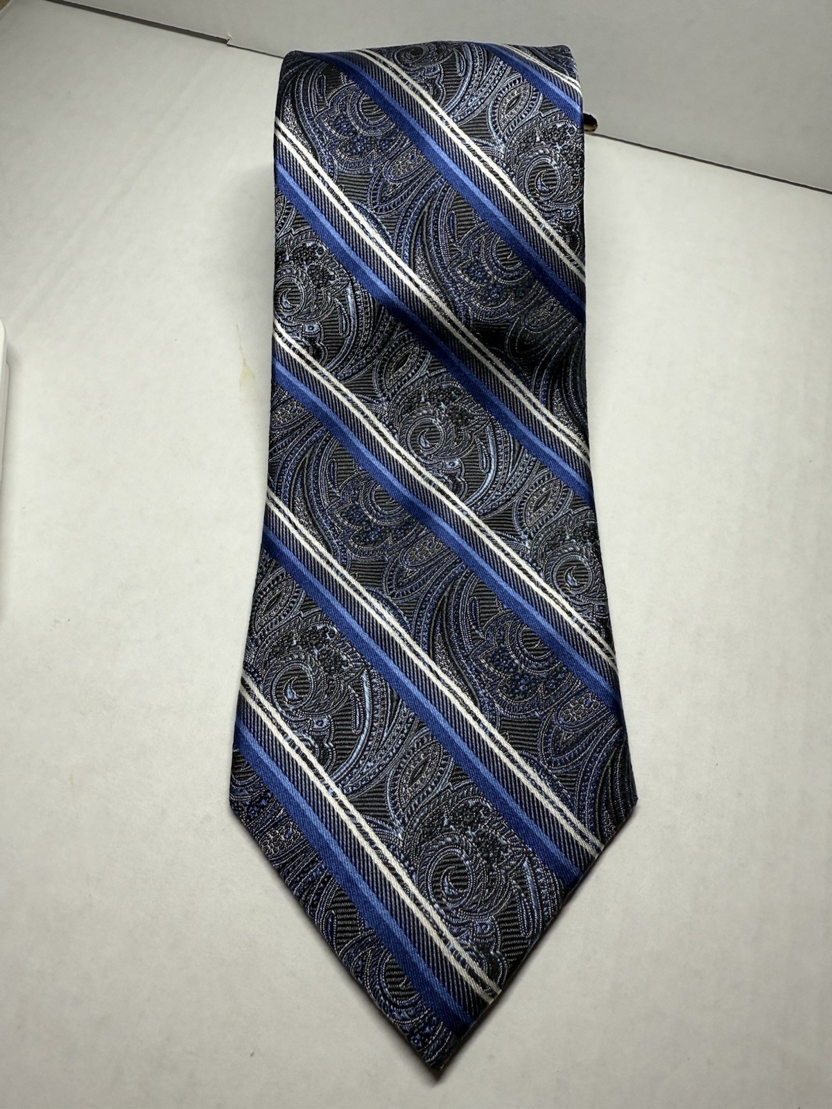 Pronto Uomo Couture Silk Tie XL Gray Blue Stripes Tonal Jacquard Paisley EUC