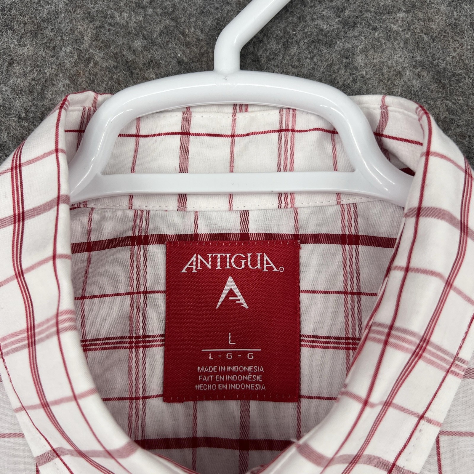 Antigua Button Down Shirt Mens Large White Plaid Long Sleeve Pocket Embroidered