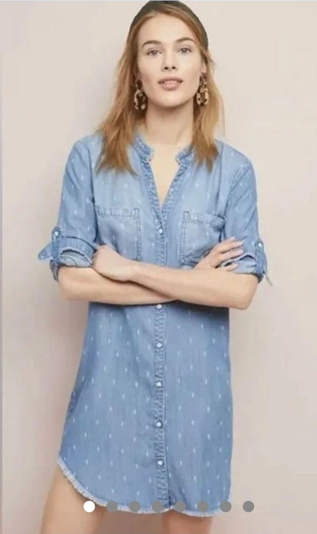ANTHROPOLOGIE CLOTH & STONE MARYLOU CHAMBRAY SHIRT DRESS SMALL RAW HEM NERU NECK