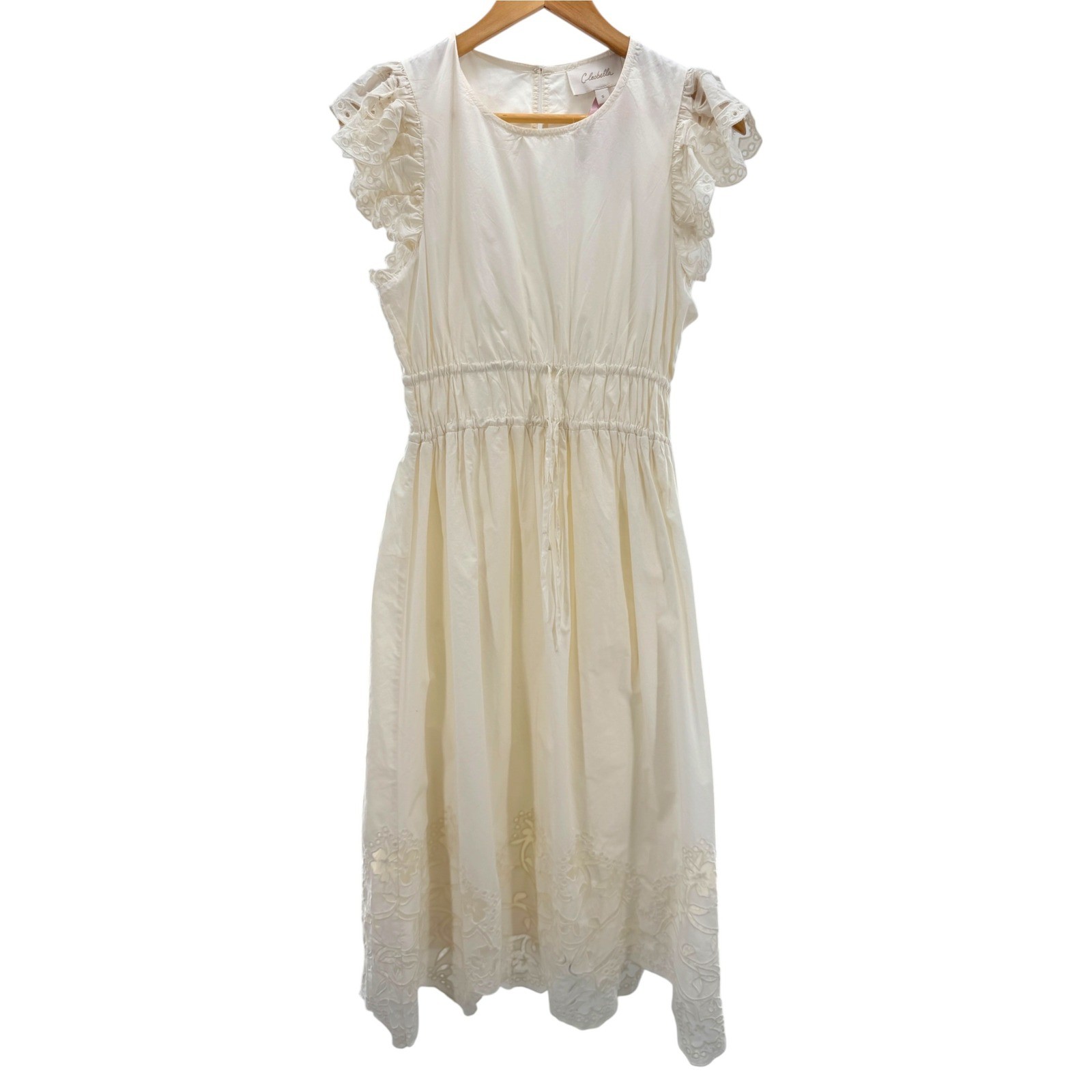 CLEOBELLA Allegra Drawstring Waist Ivory Organic Cotton Eyelet Midi Dress S NWT
