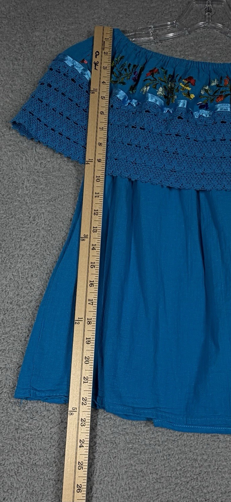 Mexican Blouse Blue Womens L / XL Floral Embroidery Lace Trim Off The Shoulder