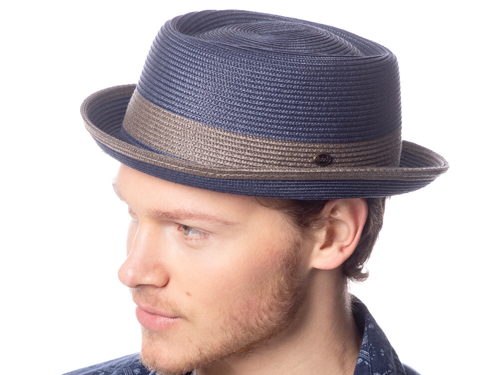 Men’s Summer Straw /Poly Braid Pork Pie Fedora Brim Hat with Grosgrain Band