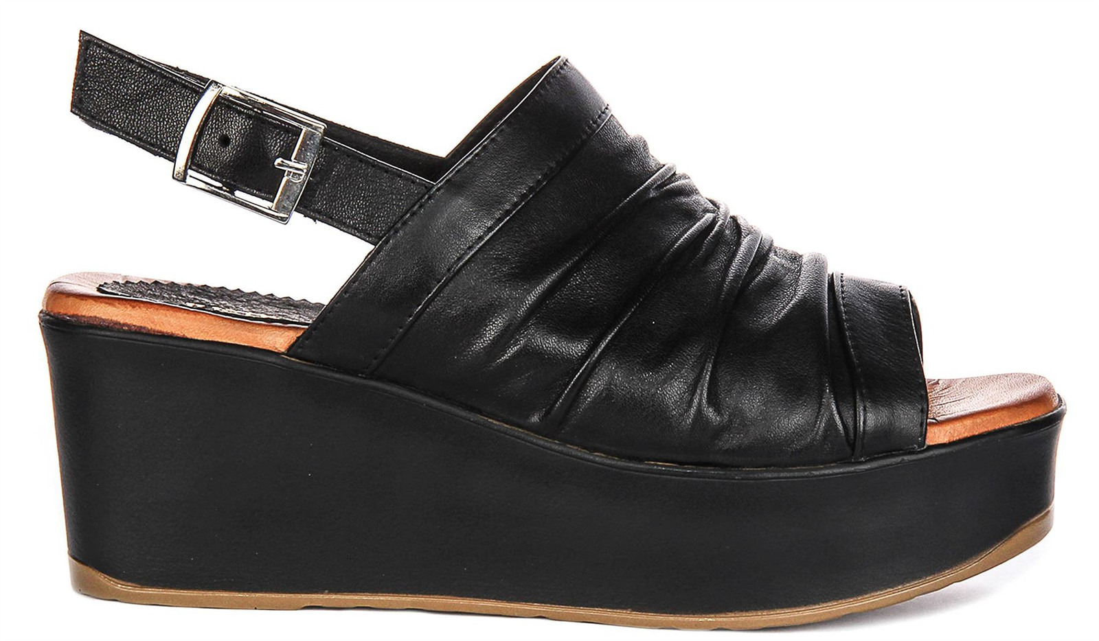 Justinreess England Honor Soft Buckle Crinkles Womens Sandal Black US 5 – 11