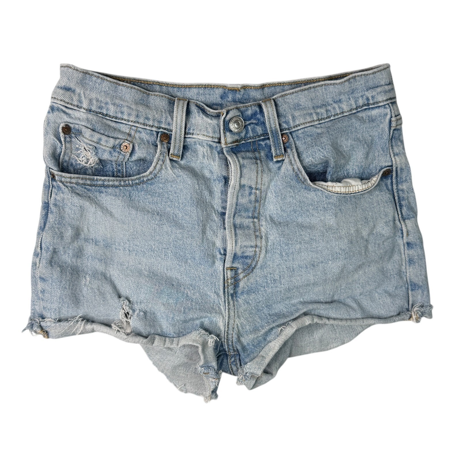 Levis 501 Cut Off Jean Shorts FLAW Distressed Denim High Rise Light Wash 27