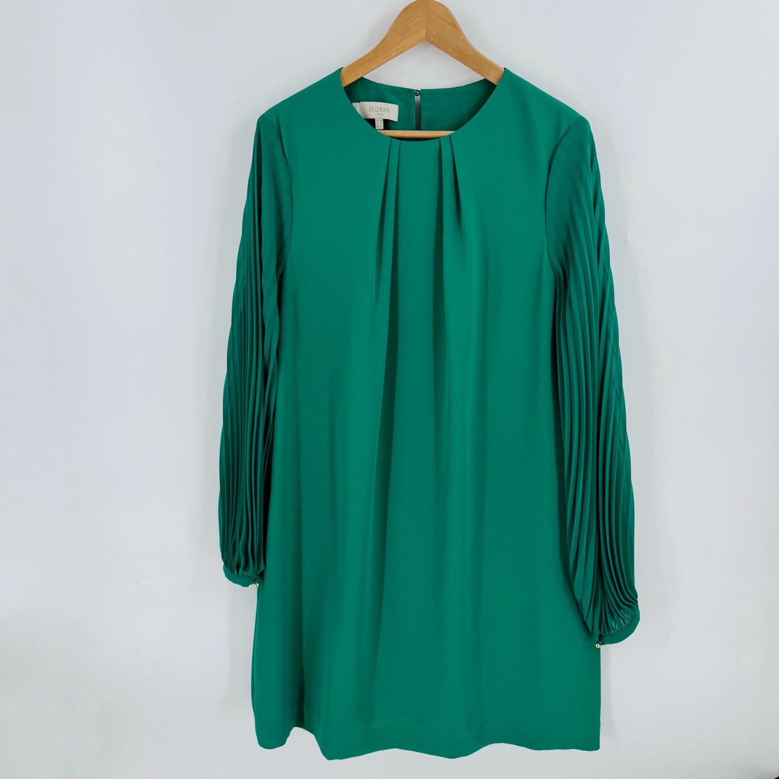 Hobbs Greta Green Popover Dress Pleated Sleeve Sheath Chic Minimalist Size 12