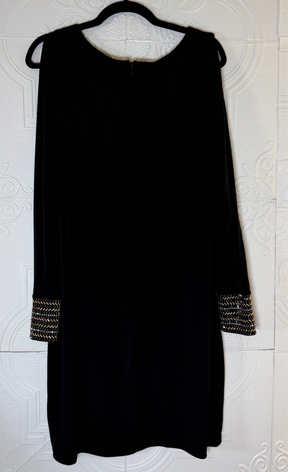 Calvin Klein Womens Sz 14 Black Dress L/S Slit Sleeve Embellished Cuffs SKU 165