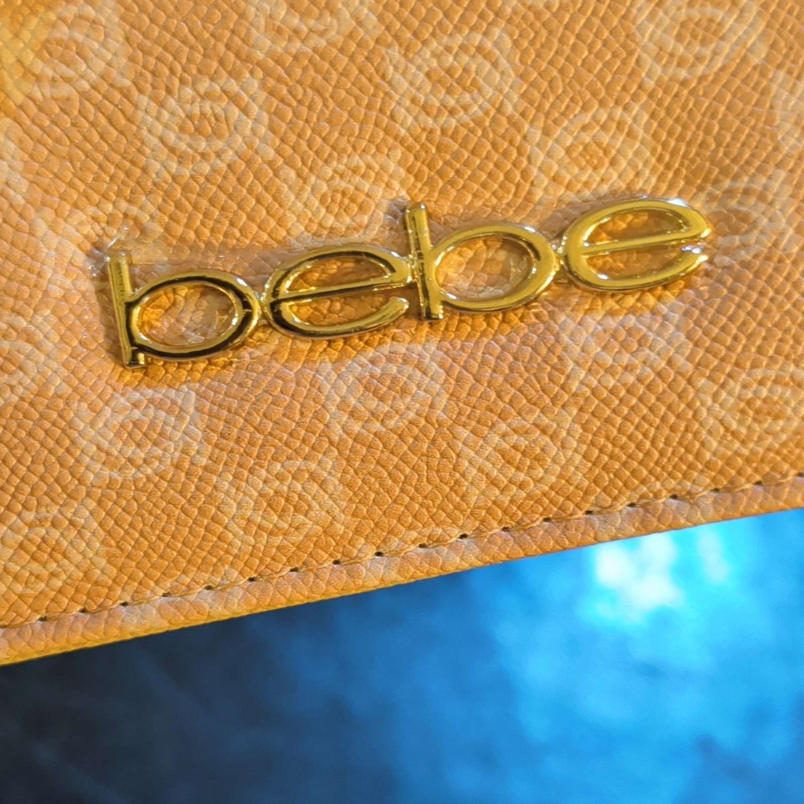bebe Women’s Tan Logo Monogram Wallet Wristlet w/ Chain Strap, Zip Pocket