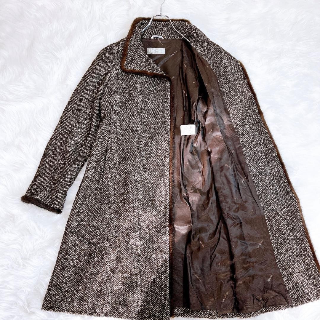 Max Mara mink fur coat, wool, brown tweed, size L