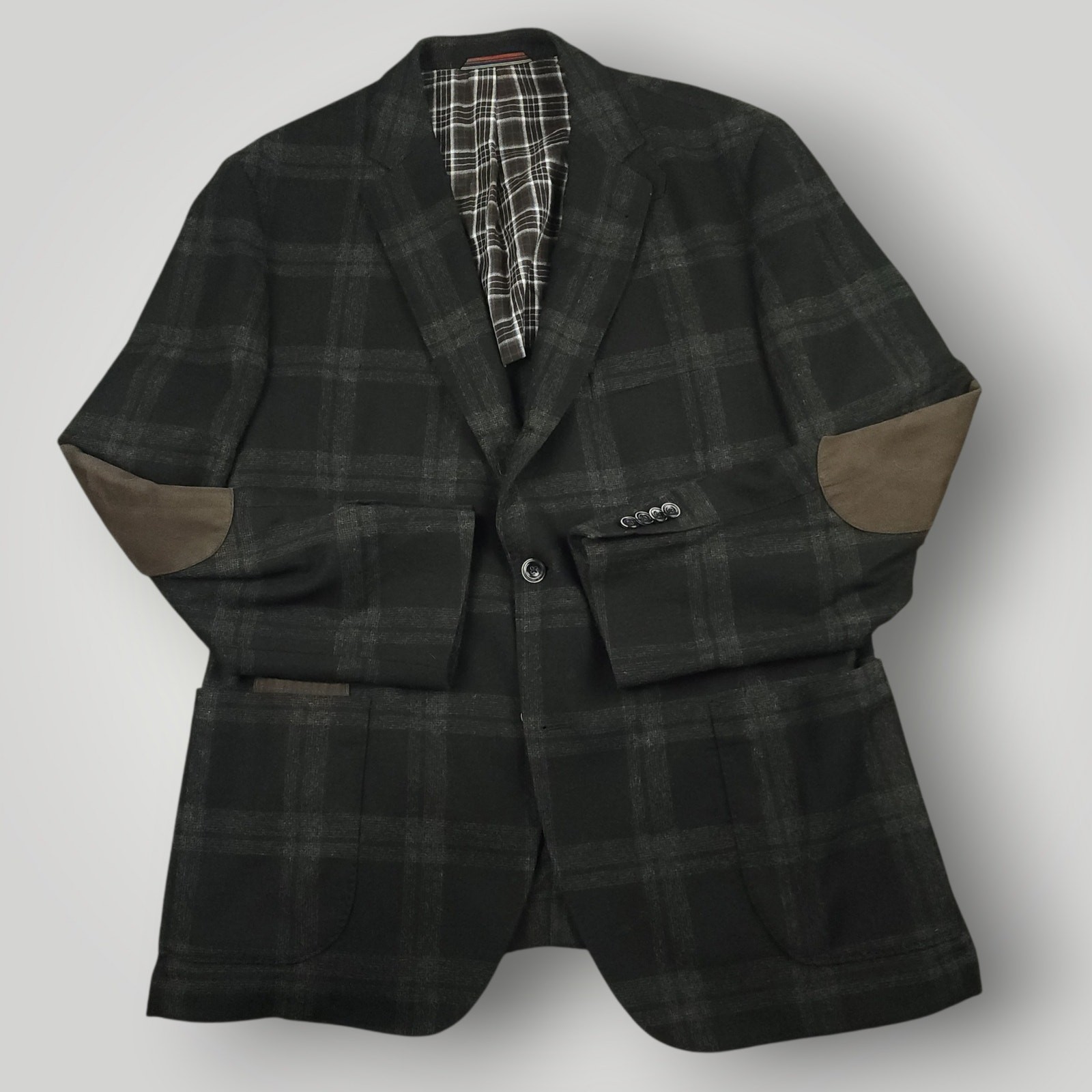 Kroon Sport Coat Mens 46R Flannel Wool Blend 3 Roll 2 Elbow Patch Pocket Plaid