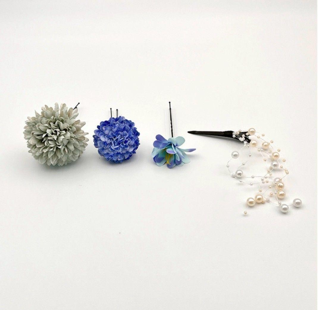 Blue floral hair accessory set for wedding and party, 4-piece
