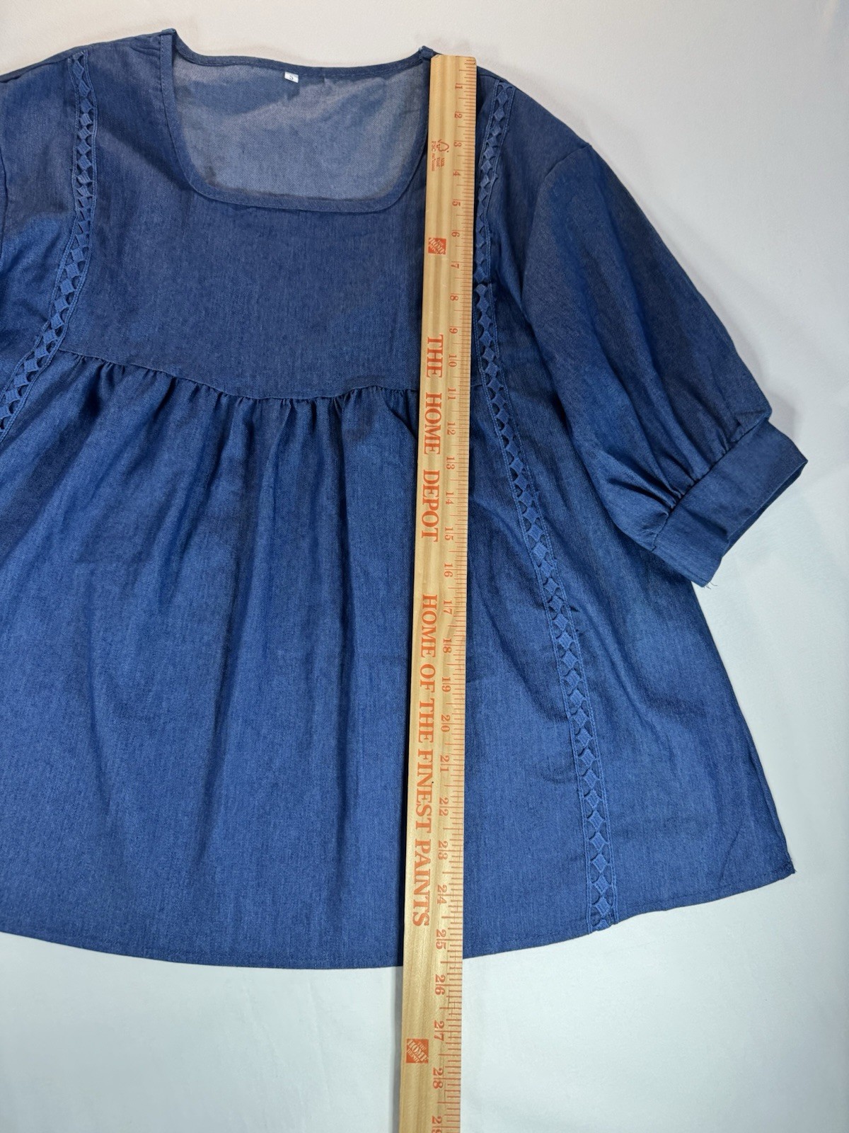 Boutique Boho Chic Denim-Style Lace Trim Babydoll Top Size Small