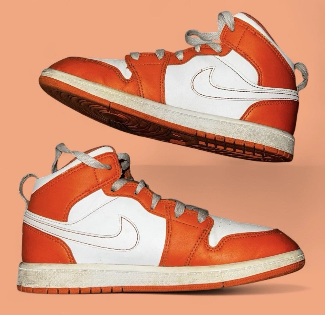 Air Jordan 1 Mid GS Size 3Y Orange/White Leather Sneakers DM4229-800