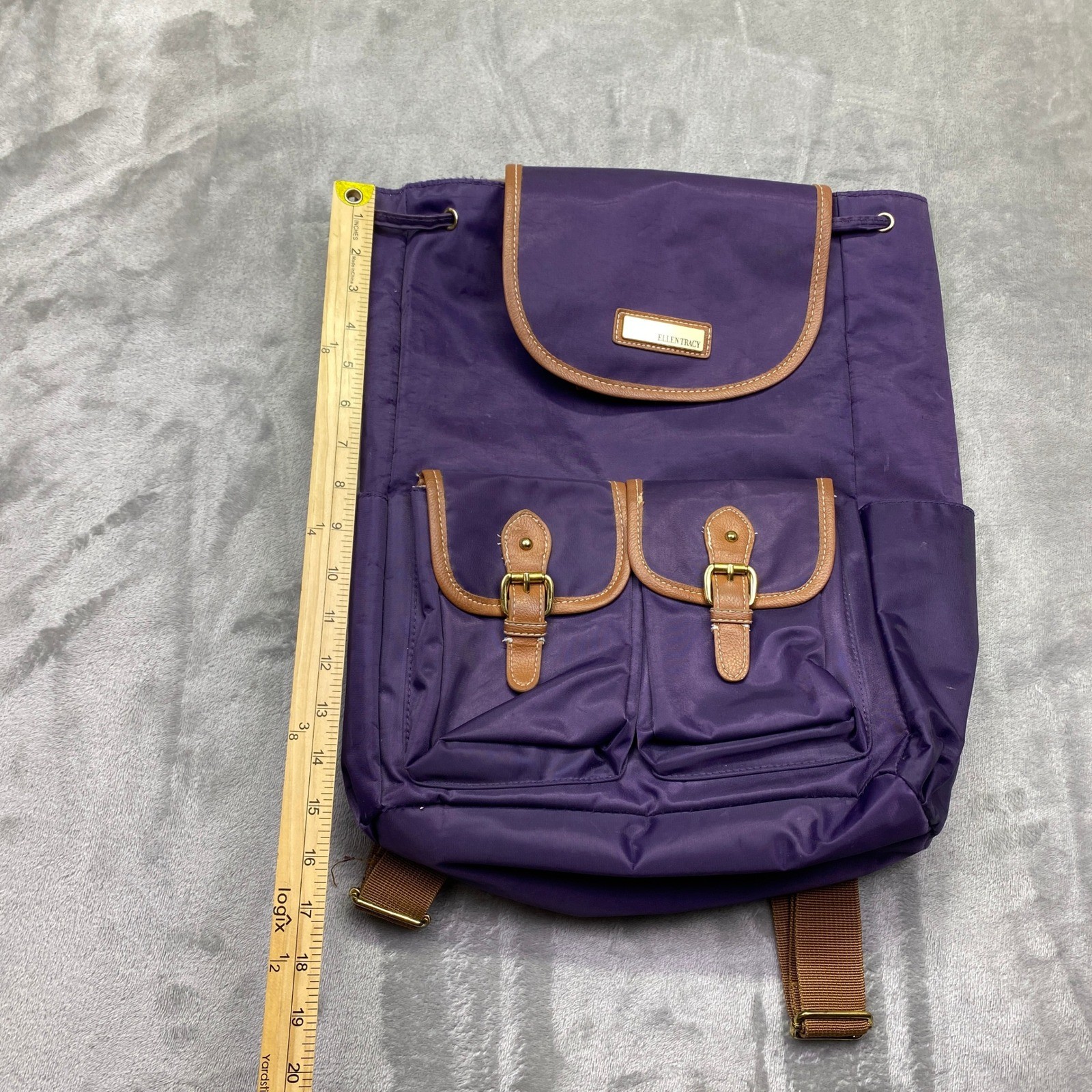 Ellen Tracy Purple Nylon Backpack with Brown Faux Leather Trim Buckle Closures