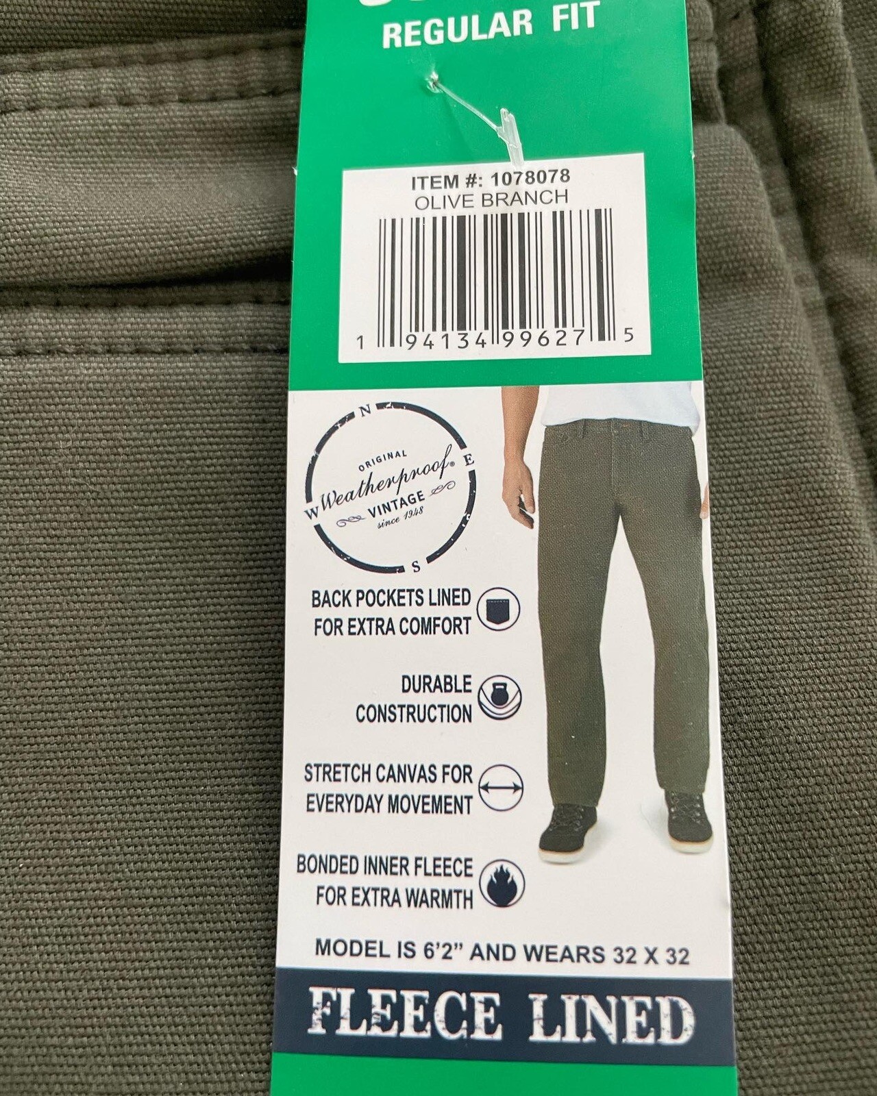 New Weatherproof Vintage Fleece Lined Stretch Canvas Style Olive Green W38L30