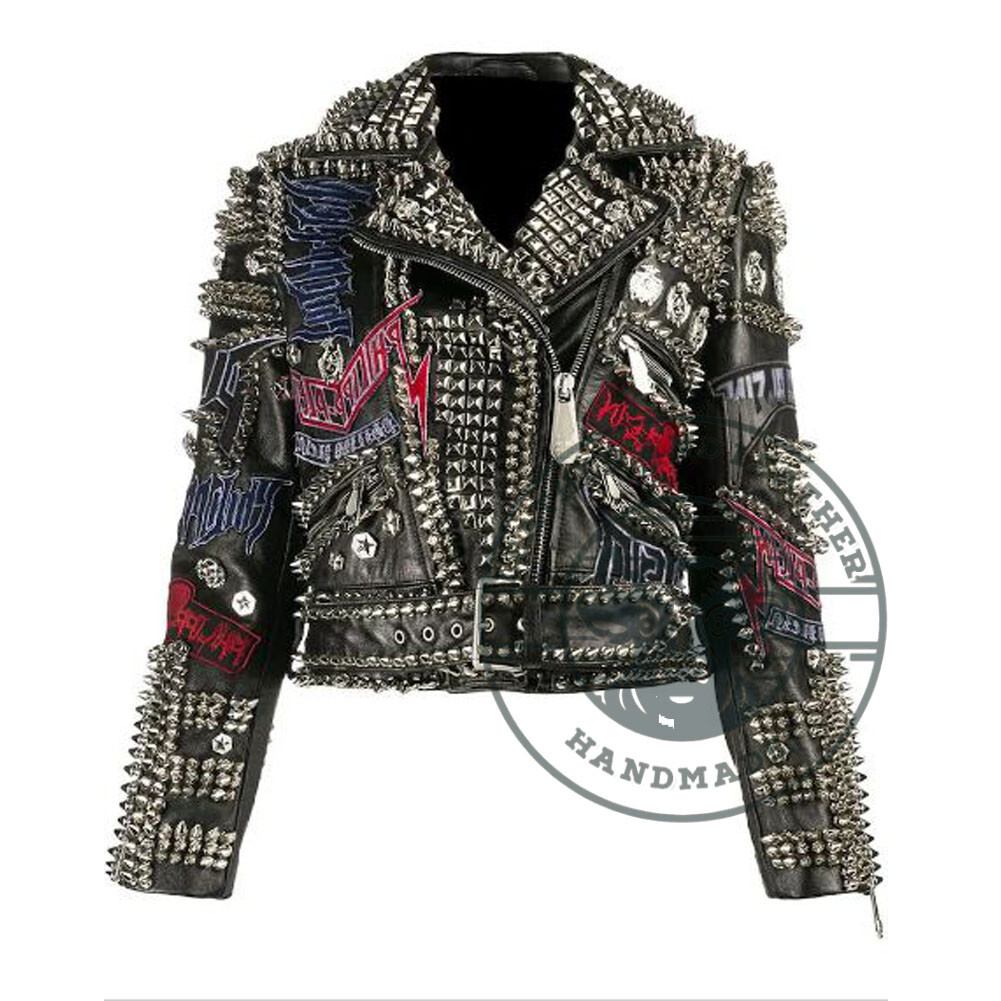 Women’s Stud Leather Jacket Gothic Punk Style Customizable Patches Belted Style