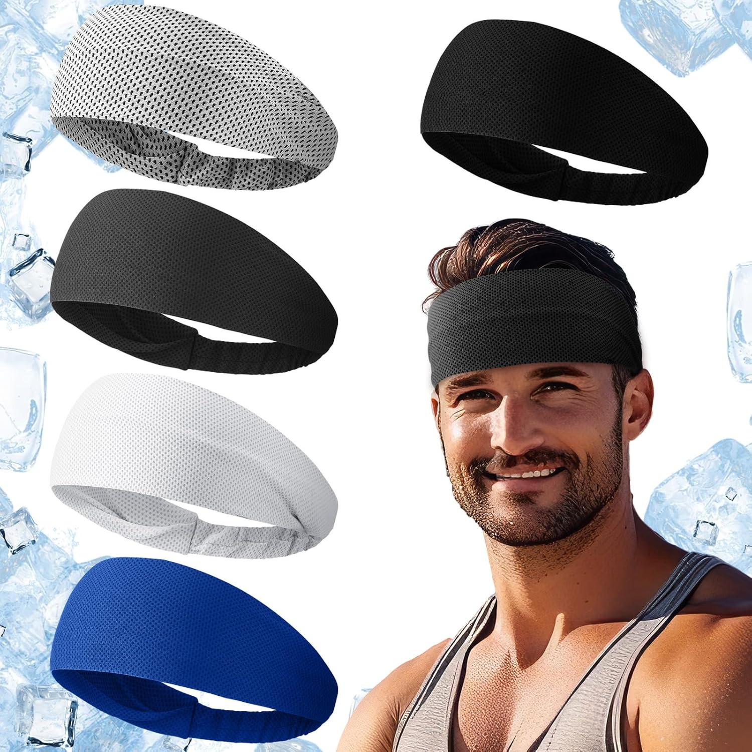 5Pcs Summer Cooling Headbands for Men Stretchy Workout Sports Sweatbands Absorb