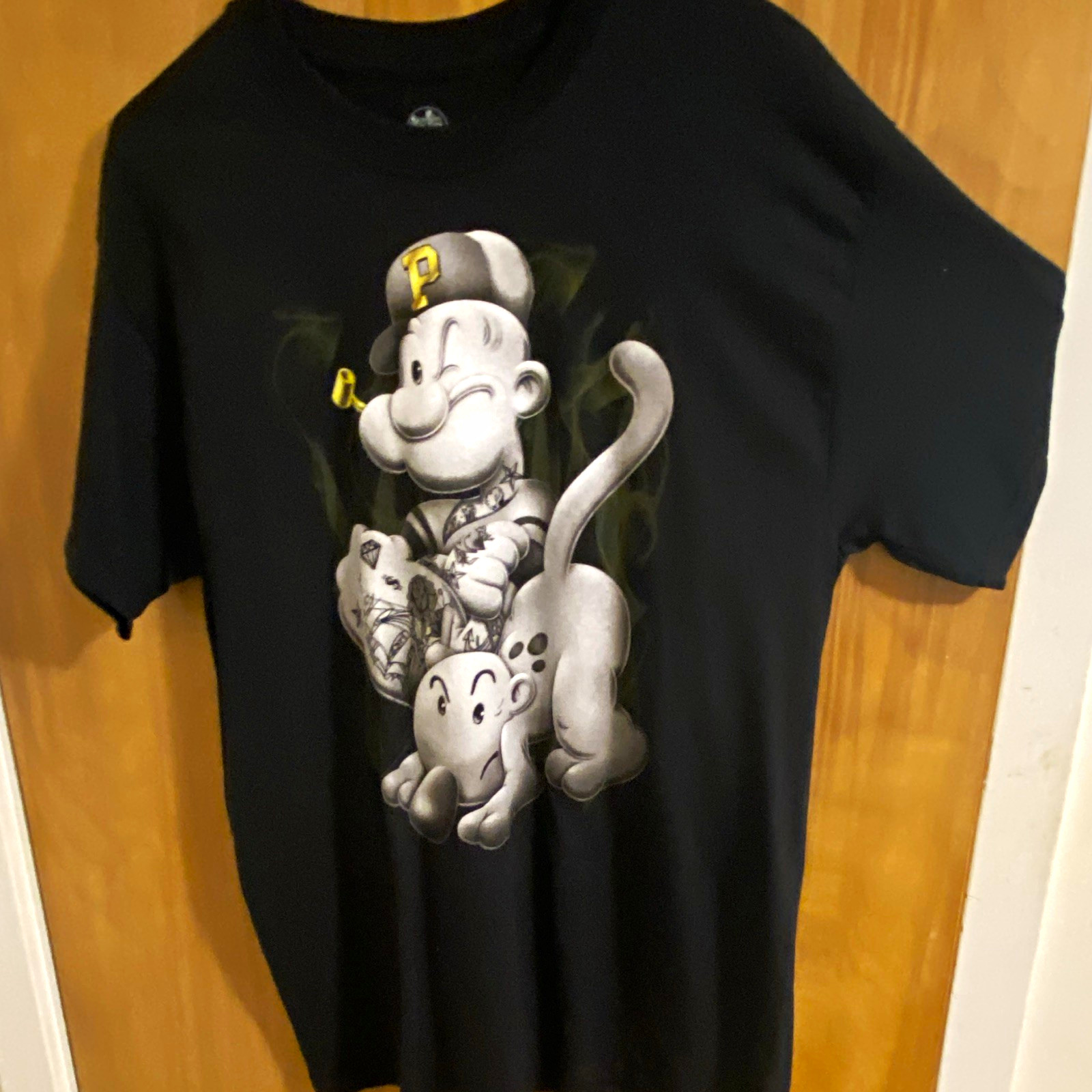 Men’s Black Popeye Cartoon Graphic Print Crew Neck Short Sleeve T-Shirt Size L