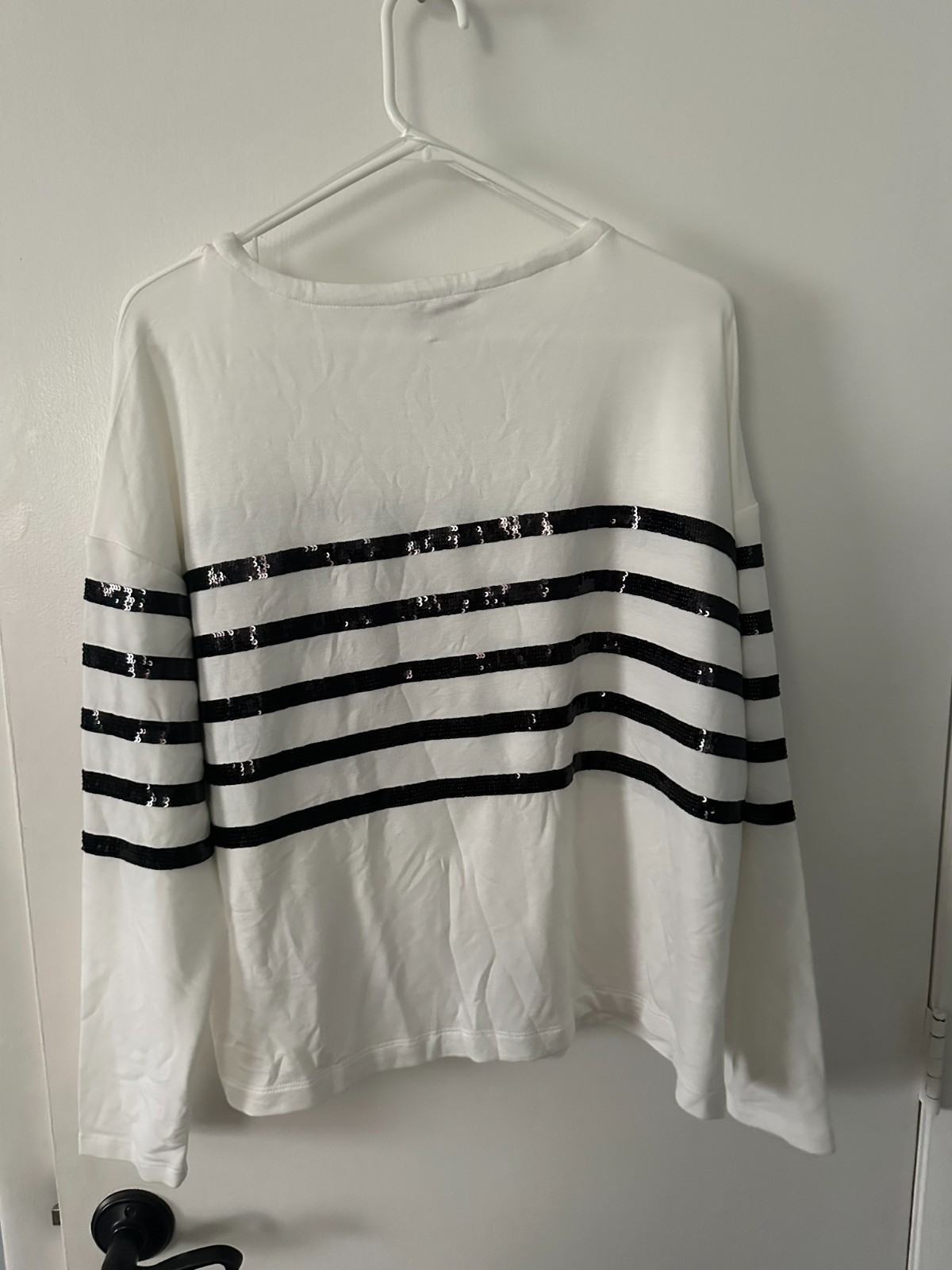 NWT. Women’s Crown and Ivy white long sleeve black sequinced stripes