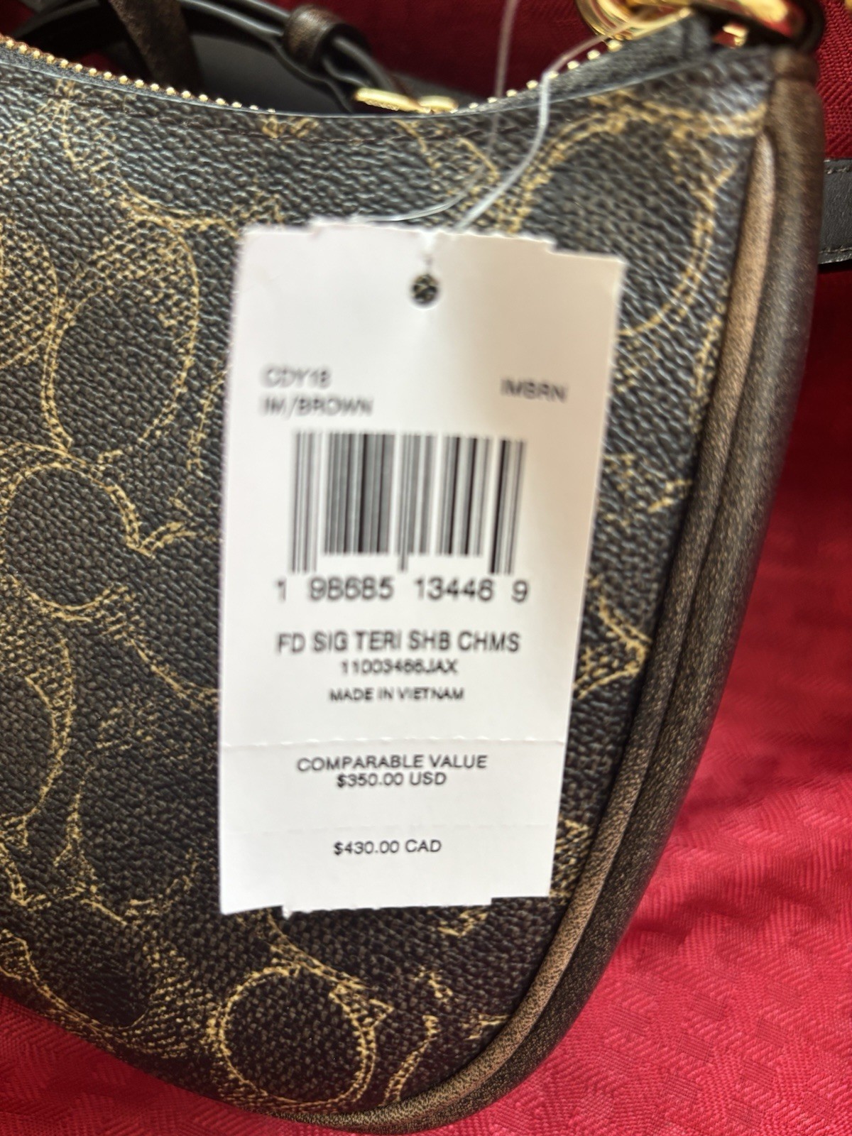 Coach Teri Small Brown Signature Logo Crescent Shoulder Bag Zip w/ Charm Strap