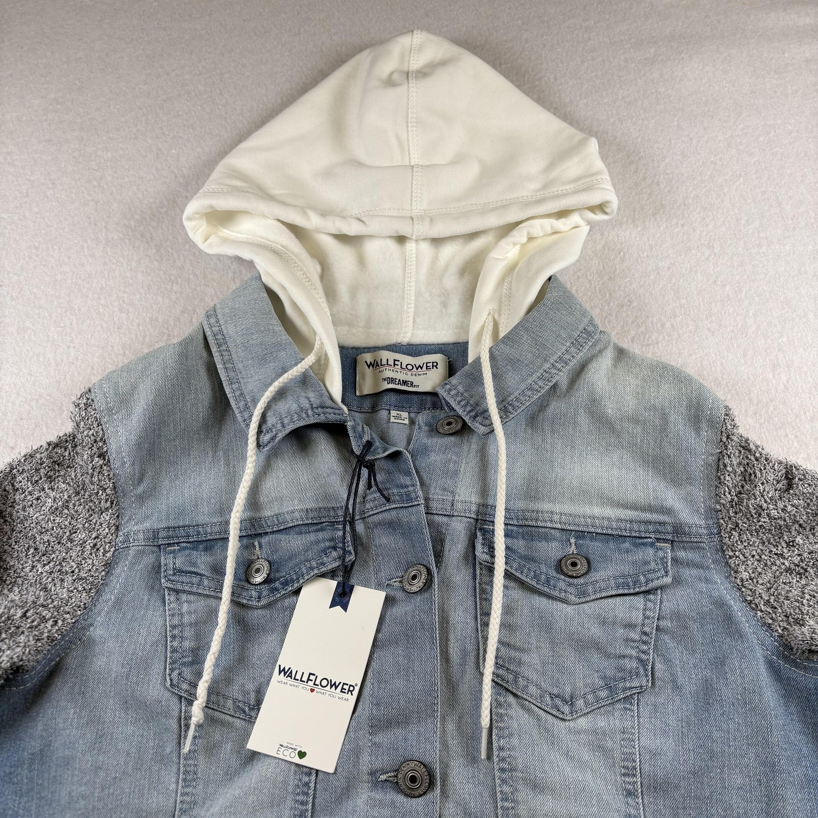 Wallflower Jacket Womens XL Blue Cina Wash Dreamer Hooded Knit Sleeve Denim Y2K