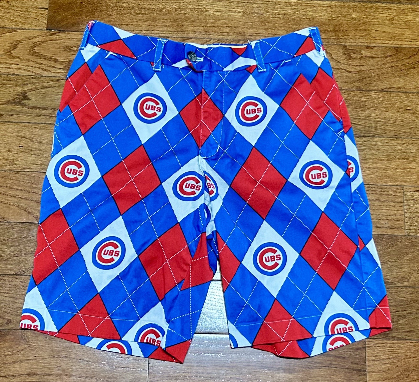 Loudmouth Golf Shorts Sz 32 MLB Chicago Cubs Argyle Allover Print 10” Inseam