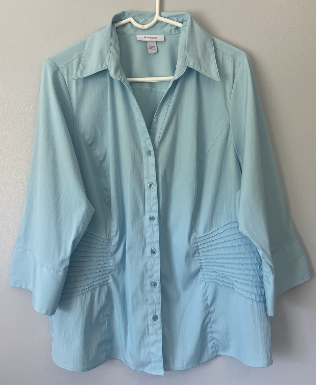 Dress Barn Aqua Blue Button Pin Tuck Blouse 14/16W Tailored Silouette Business