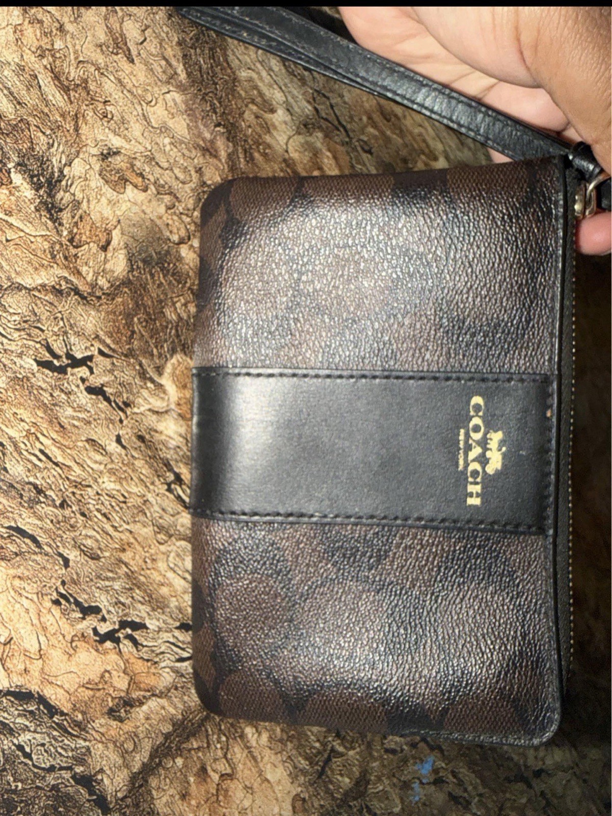 Coach Signature Brown/Black Zip Wristlet Wallet with Wrist Strap, Women
