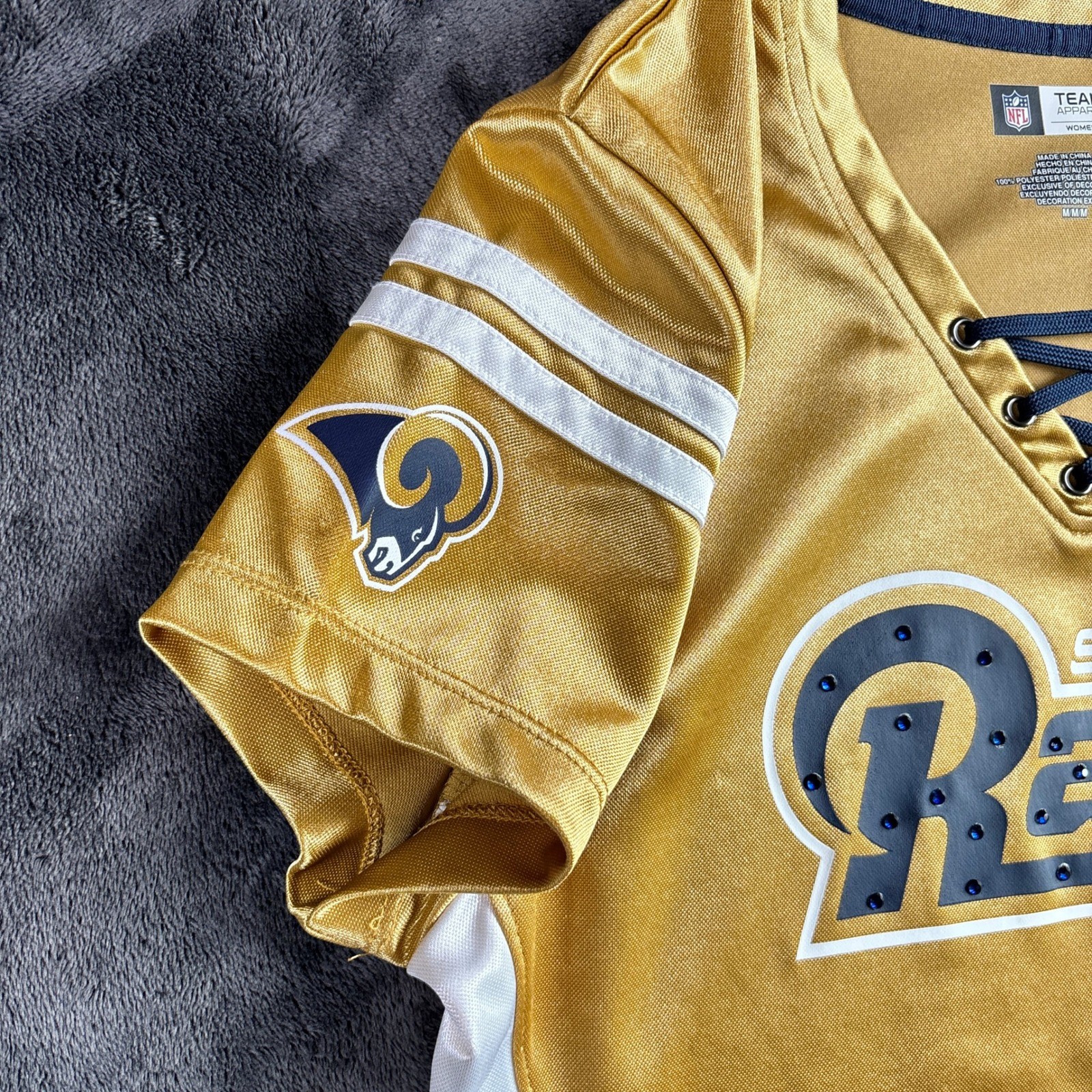 NFL Team Apparel St. Louis Rams Womens Gold Lace Up Jersey Shirt Medium Bling