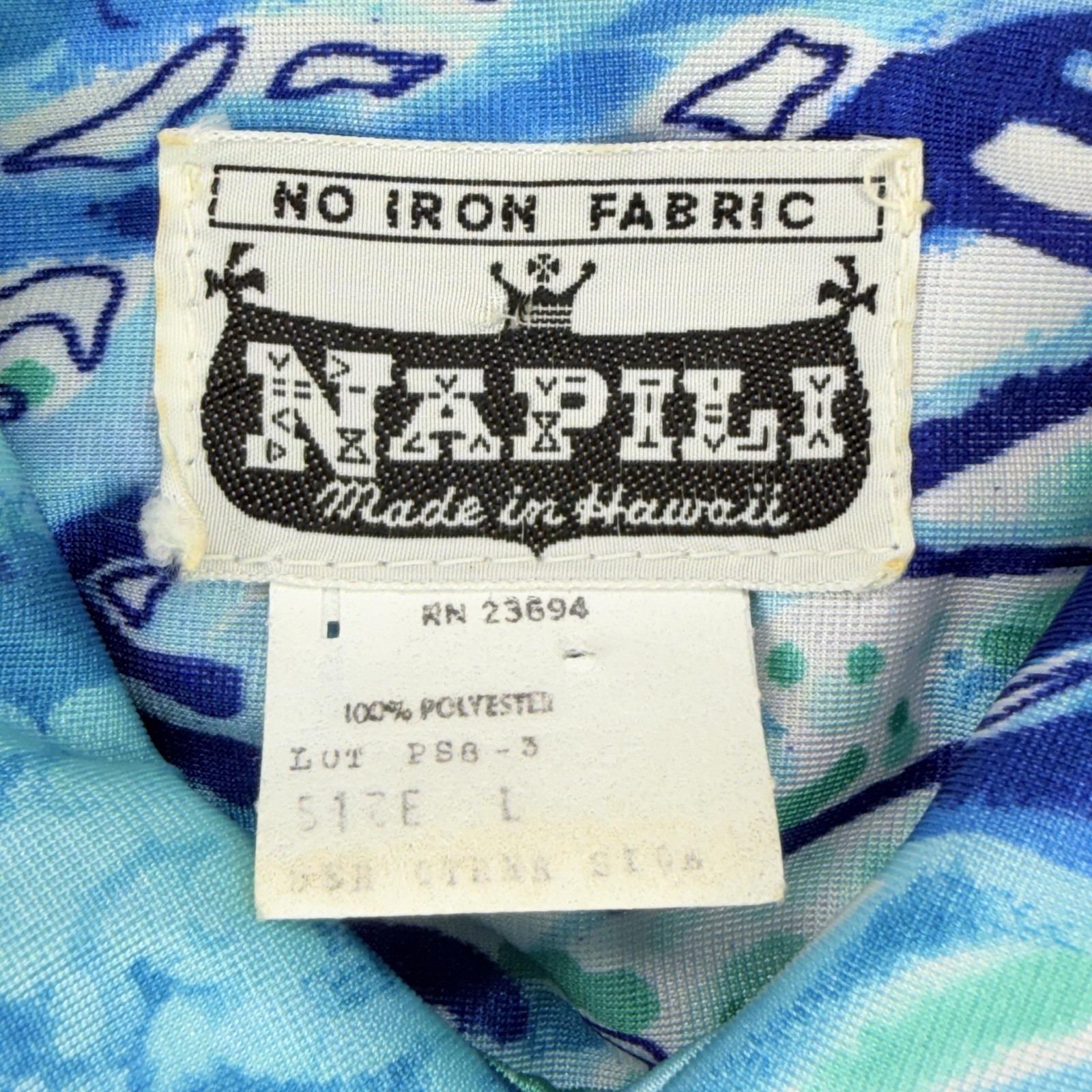Vintage Napili Hawaiian Shirt Mens Large Blue Abstract Batik 70s Disco USA Made
