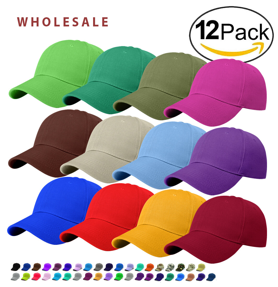 WHOLESALE 12 pieces Classic Plain Baseball Cap Hat Adjustable Size Solid Color