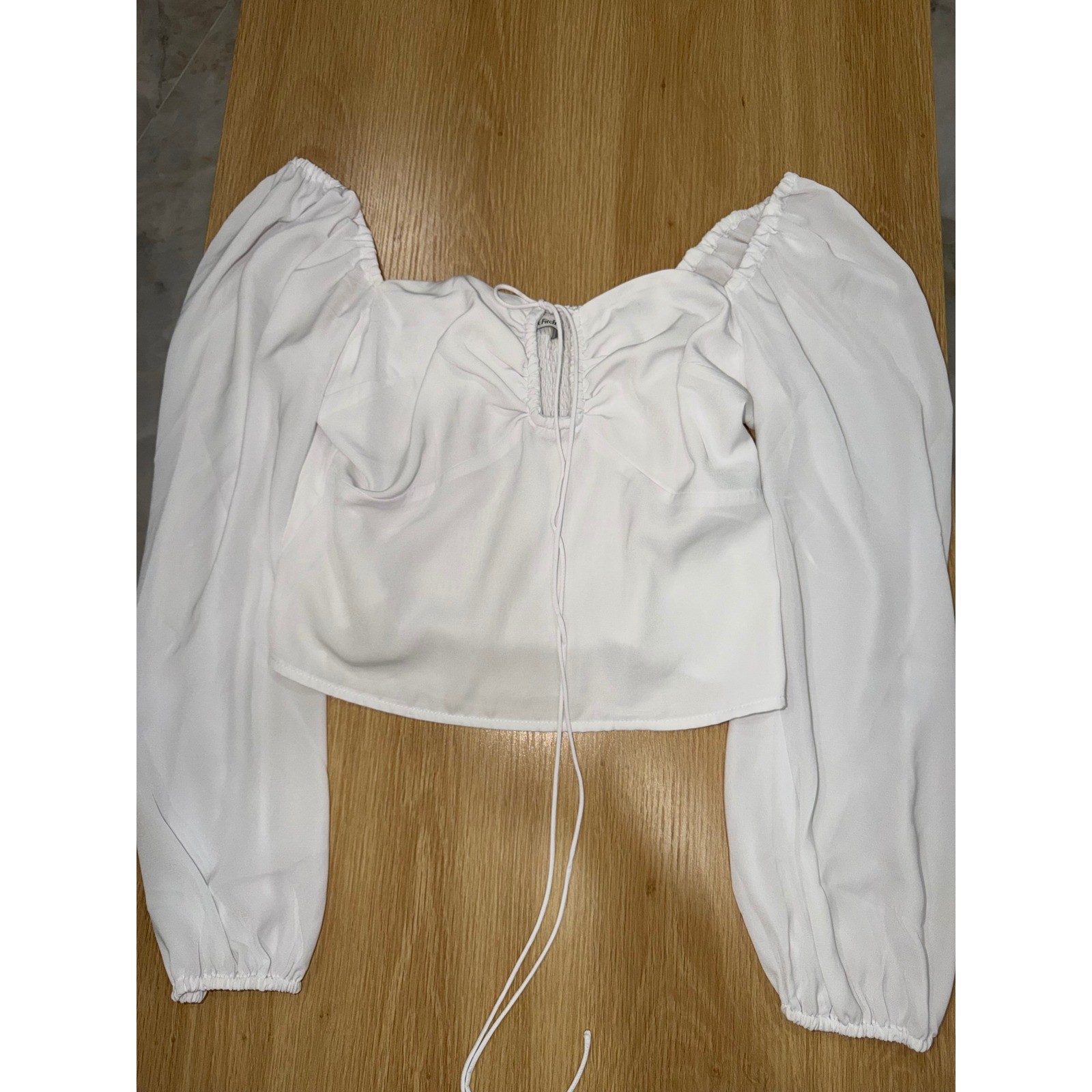 Abercrombie & Fitch White Smocked Back Puff Sleeve Tie Front Crop Top Blouse