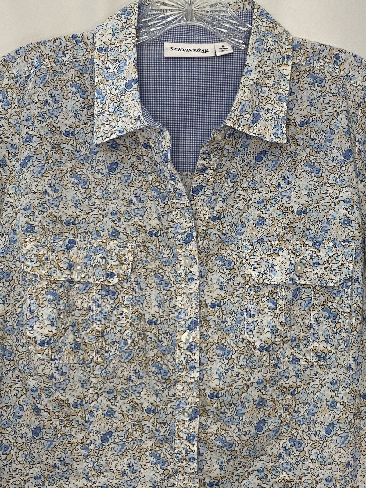St. John’s Bay Women’s Size M Blue Floral Button Front Soft Cotton Blouse Top