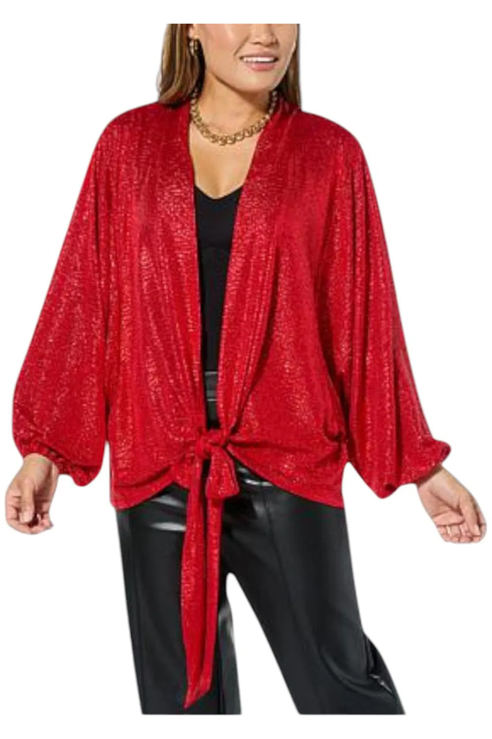 Colleen Lopez Women’s Textured Knit Tie-Front Topper Crimson Red