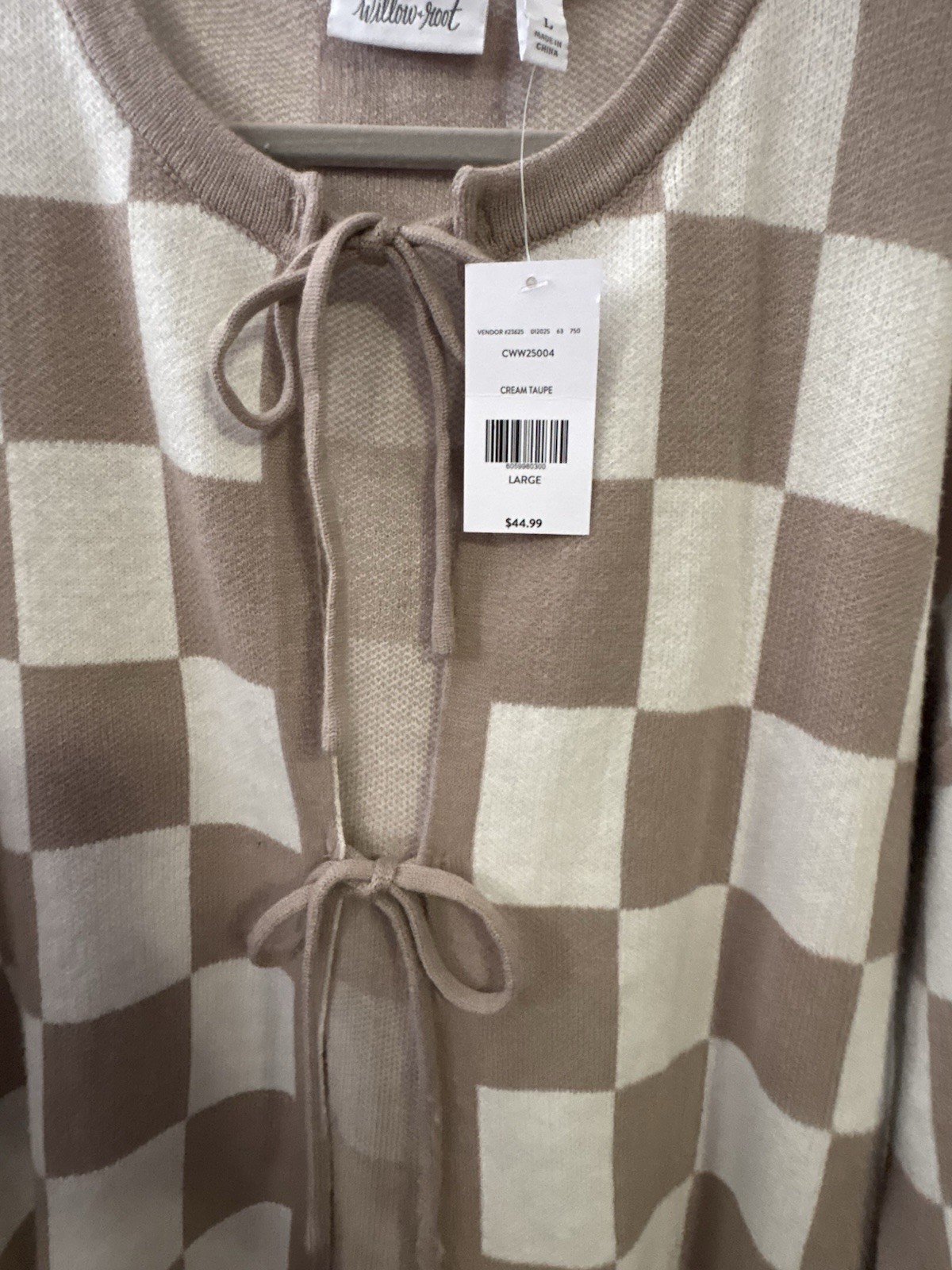 Willow + Root Women’s Tie-Front Knit Cardigan Sweater Check Taupe/Cream L