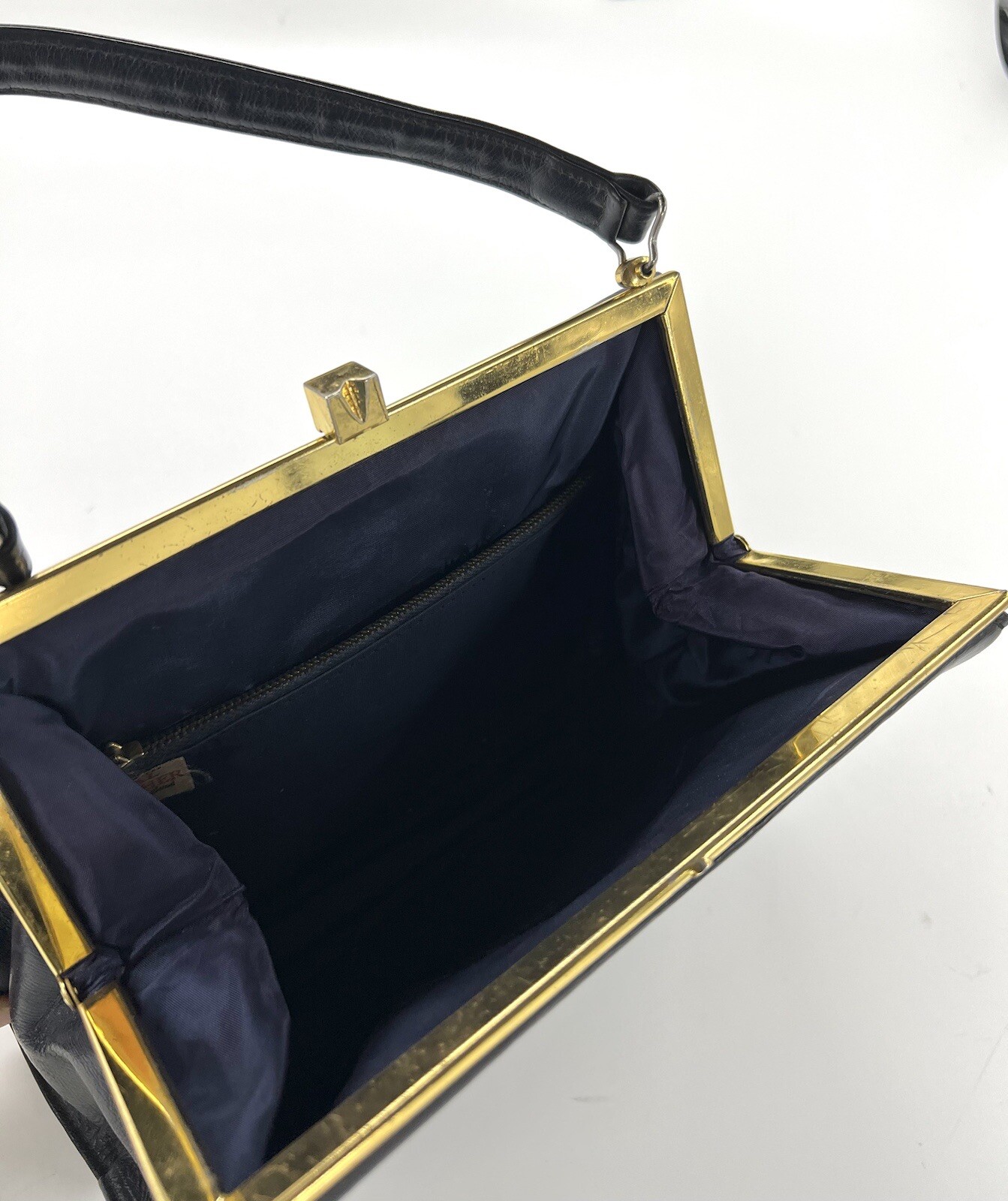 Vintage Leather Kelly Hand Bag 50s 60s Navy Black Gold Mods Gold Clasp Satchel