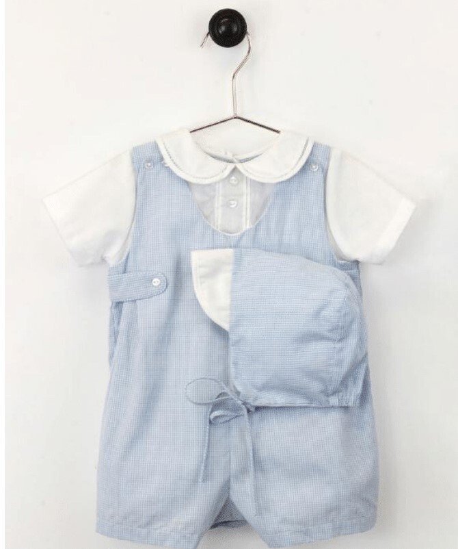 NWT Petit Ami Boys Blue Gingham Romper & Hat 6 Months Baby Jon Jon 6M