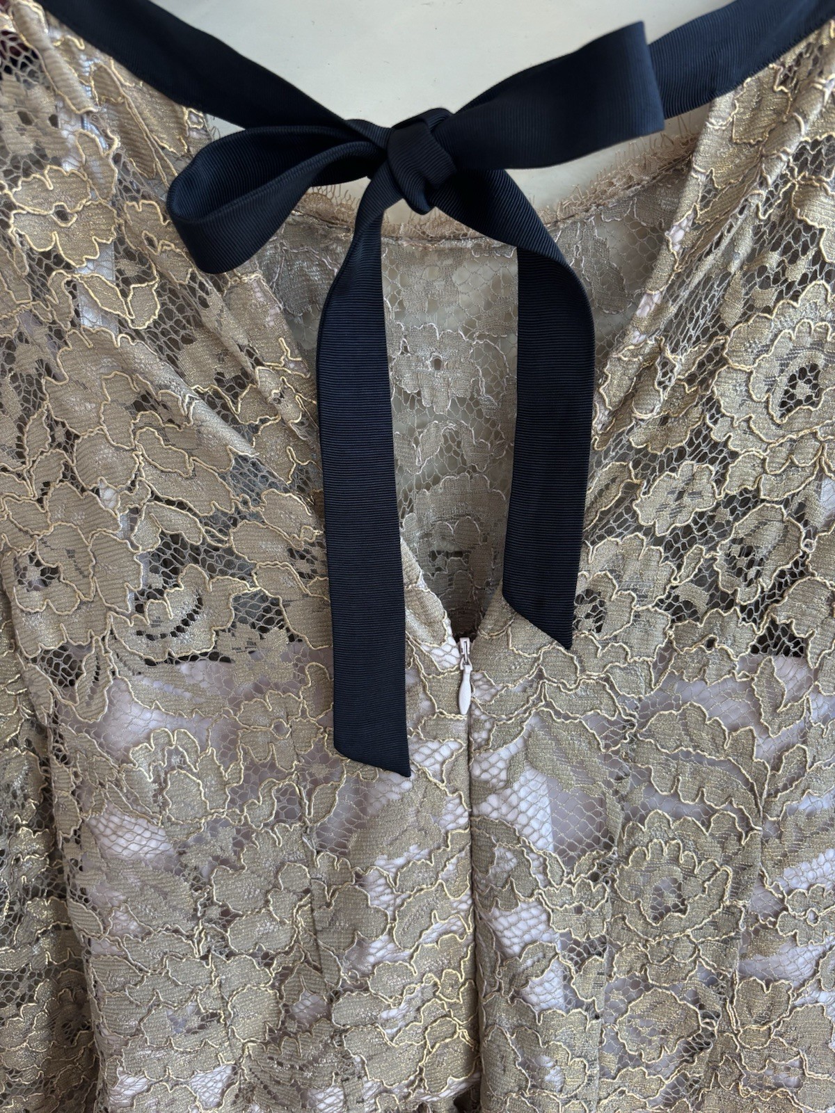 Boden Gold Lace Overlay Party Cocktail Dress Size 4 3/4 Sleeve Formal Lined