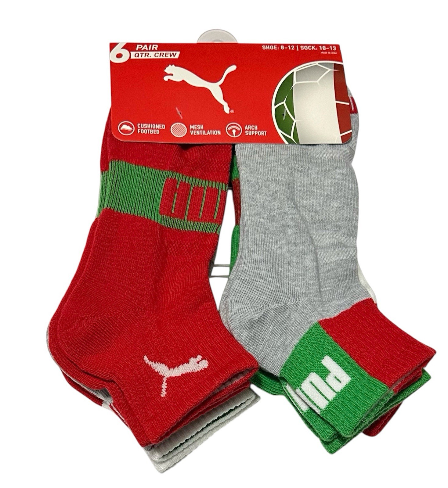 Puma Men’s Cushioned 6-Pair Quarter Crew Socks Large (8-12) Italy Proud