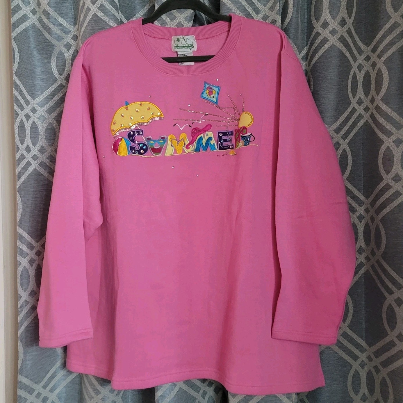 Quacker Factory Womens Plus Sz 3X Beach Summer Appliques Sweatshirt Pink New