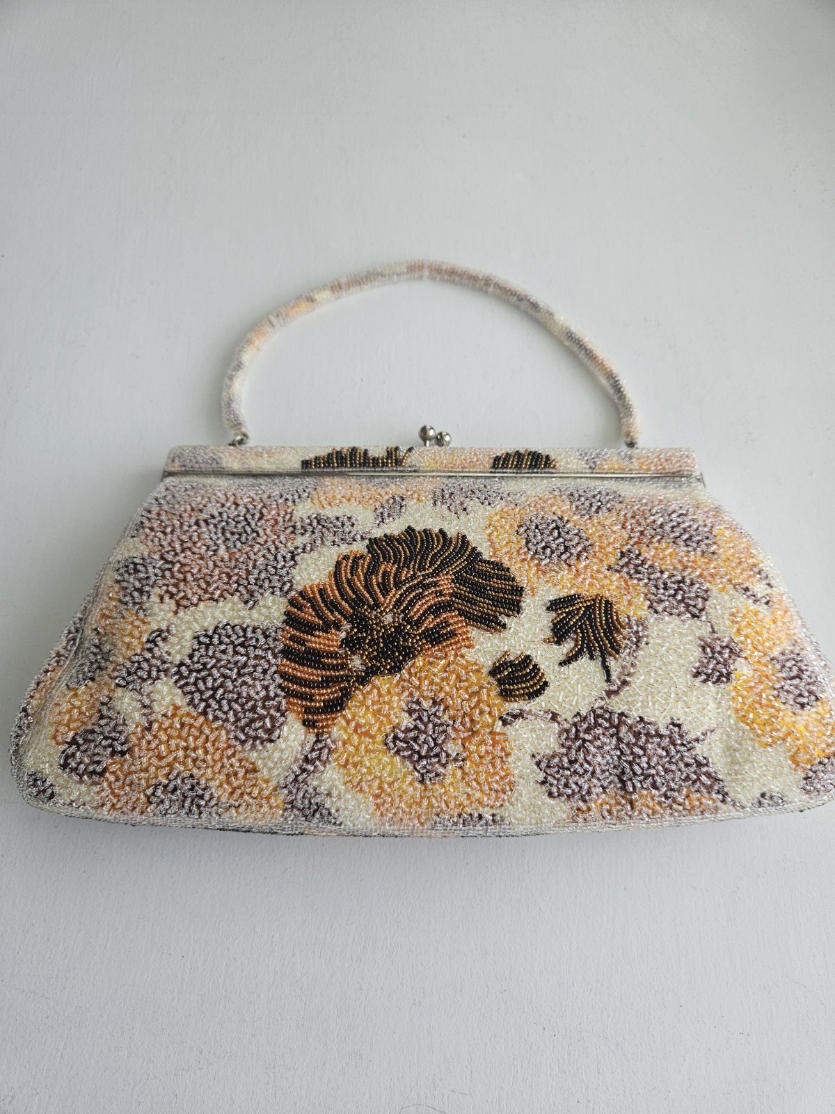 Vintage Kyoto Hisamura Japanese Floral Orange/Tan/Black Hand-Beaded Handbag EUC